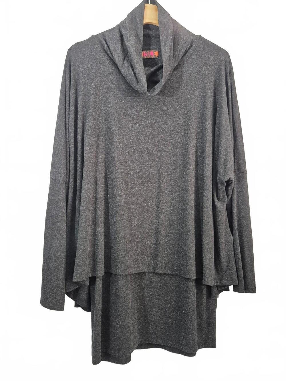 Isle By Melis Kozan Gray Cowl Neck Layered Tunic Top – Soft Stretch Lagenlook